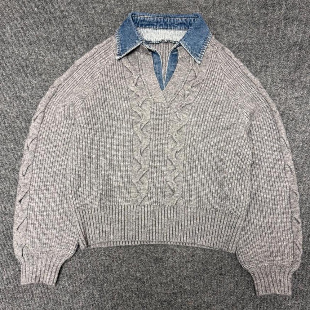 Vintage 90s Grey Cable Knit Sweater Denim Collar V-Neck Pullover Womens Medium